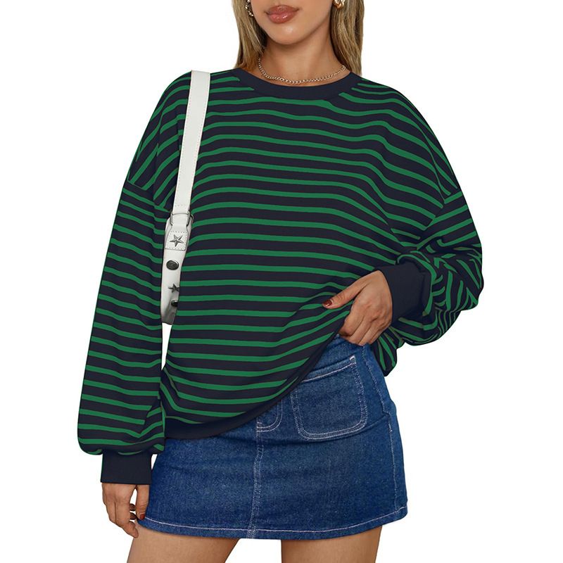 Women's Clothing Autumn And Winter New Tk Oversized Loose Casual Striped Sweatshirt_ecoleips.com