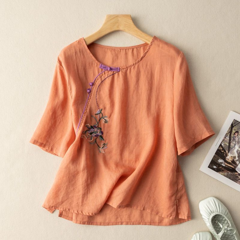 Short-Sleeved Shirt For Women, Embroidered Design; Loose Fit With A Literary And Retro Style; Made From Cotton-Linen Fab_ecoleips.com