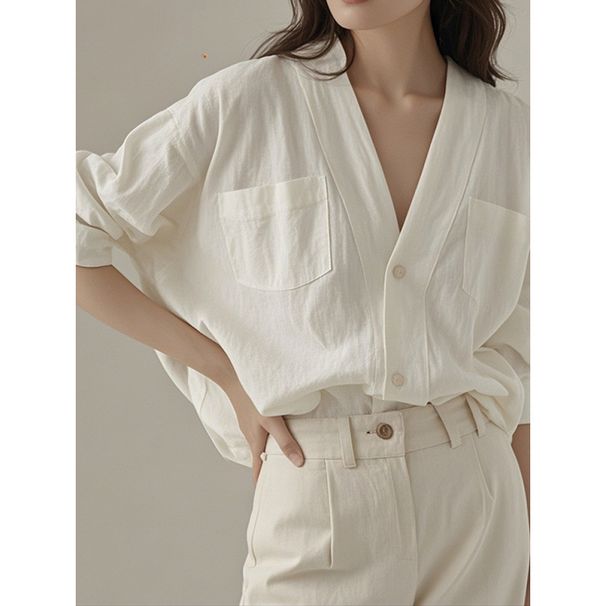 2026 Early Autumn New Style, This Year's Popular French-style Top, Minimalist And Sophisticated White Cotton-linen_ecoleips.com