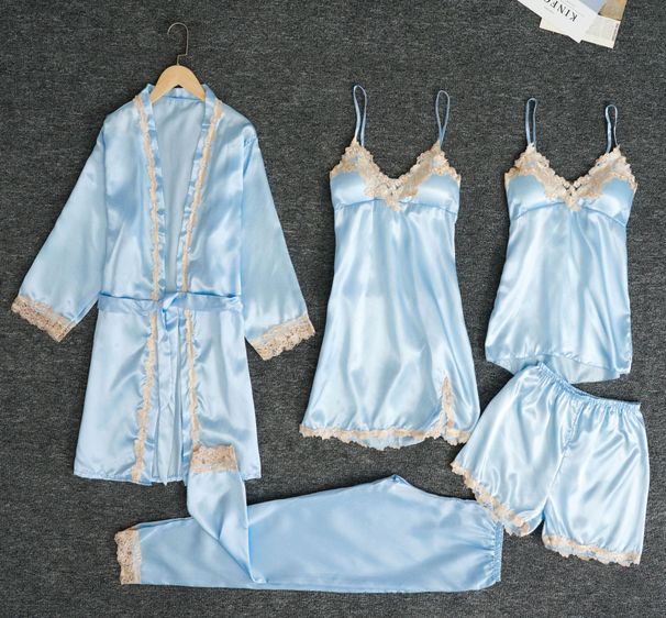 Silky-Touch Sleepwear Set – Women’s Lace Trim Chemise & Lounge Pajamas (5-Piece, M-3XL)_ecoleips.com