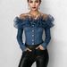 Women's Clothing Women's Blue Denim Top Off-Shoulder Button Decorated Shirt Ruffled Mesh Trim Spring/Autumn_ecoleips.com