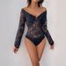 Lace Trim V-Neck Off-Shoulder Bodysuit – Long Sleeve Elegant & Sexy Jumpsuit With High Waist & Thigh Cut (S-XL, Lace Detailing For Evening Glam)_ecoleips.com