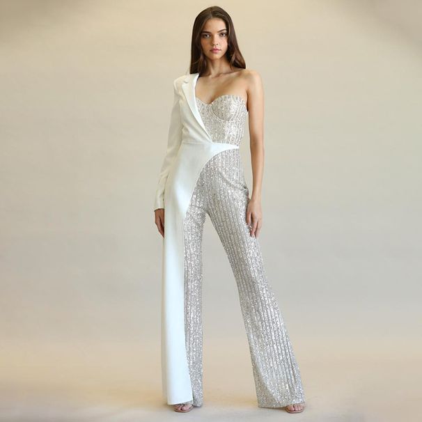 Women One Long Sleeve Strapless Sequined Blazer Wide Leg Jumpsuits 2025 Evening Party One Piece Set Romper Playsuit_ecoleips.com