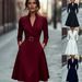 Women's V Neck Long Sleeve Dress Waist Cinching Solid Color Autumn Winter Long Dress European American Style_ecoleips.com