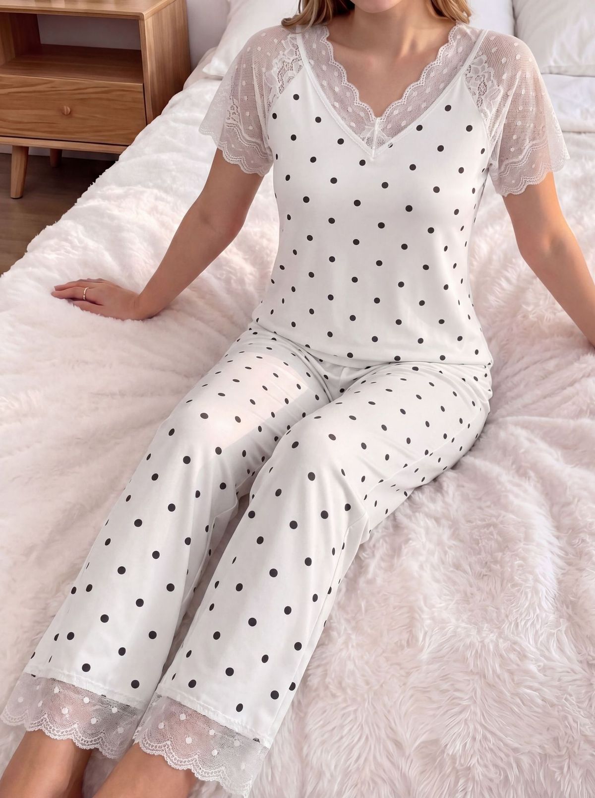 Women's Sexy Lace Pajamas 2026 Summer Polka Dot Short Sleeve Top And Pants Sleepwear 2 Piece Set Casual Breathe Home Wear_ecoleips.com