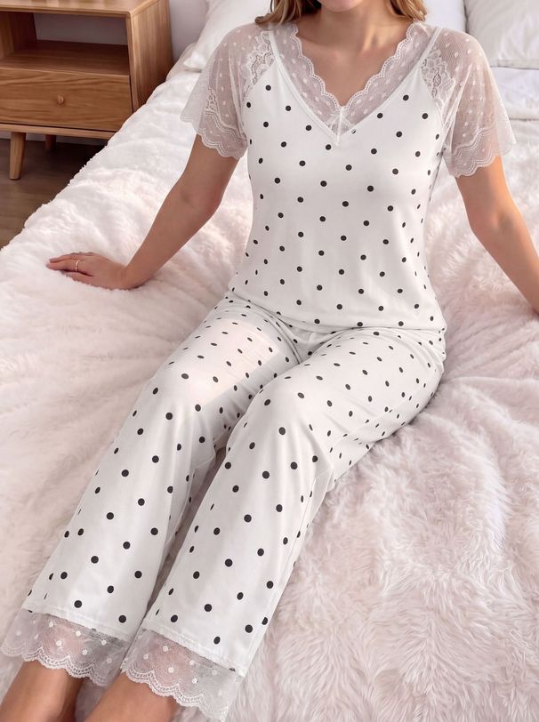 Women's Sexy Lace Pajamas 2026 Summer Polka Dot Short Sleeve Top And Pants Sleepwear 2 Piece Set Casual Breathe Home Wear_ecoleips.com
