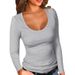 Women's Clothing Ribbed Crew Neck Long Sleeve T-Shirt Basic Solid Color Slim Fit Base Layer American Style_ecoleips.com
