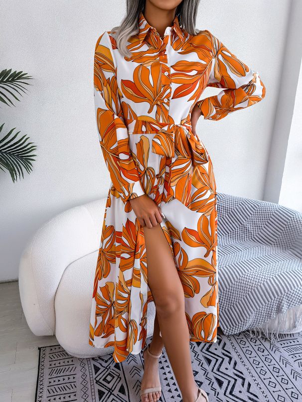 Women's Clothing Spring And Summer European And American Flower Lapel Tie Shirt Dress Long Skirt_ecoleips.com