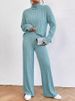 K New Solid Color High Collar Long Sleeve Pit Strip Loose Wide Leg Pants Home Clothes Two Piece Set_ecoleips.com