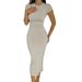 Women's Clothing Spring And Summer Foreign Trade Solid Color Temperament Slim Short Sleeved Dress_ecoleips.com