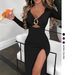 Elegant V-Neck Ruffle Split Hem Dress – Women’s Stretch Knit Maxi Dress (Breathable Polyester, Black/Burgundy/Navy, S-XXL)_ecoleips.com
