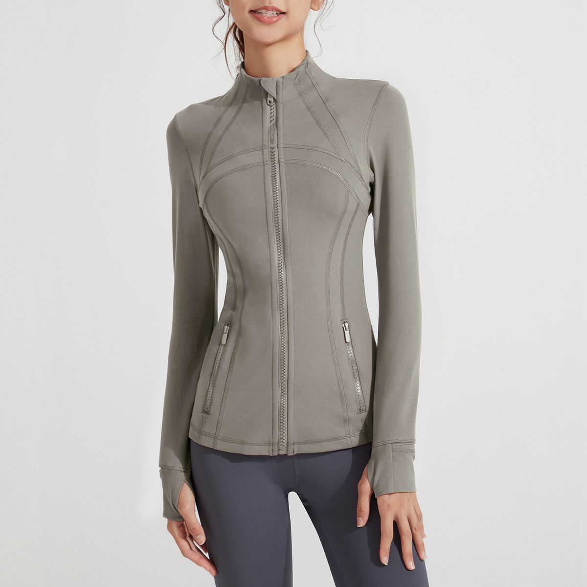 Women's Clothing Yoga Wear Jacket Nude Fitness Wear Stand Collar Long Sleeve Nude Sports Jacket Top_ecoleips.com