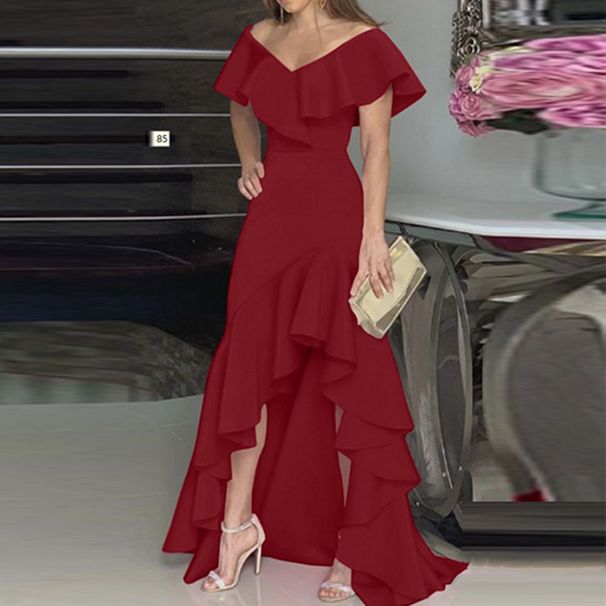 2026 European And American Women's Fashion V-neck Ruffle Irregular Elegant Dress_ecoleips.com