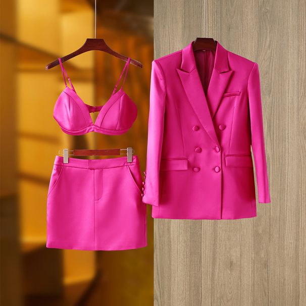 Women's Clothing Spring And Autumn Pink Satin Suit Jacket Hip Skirt Inner Wear Fashionable Three Piece Suit Trend_ecoleips.com