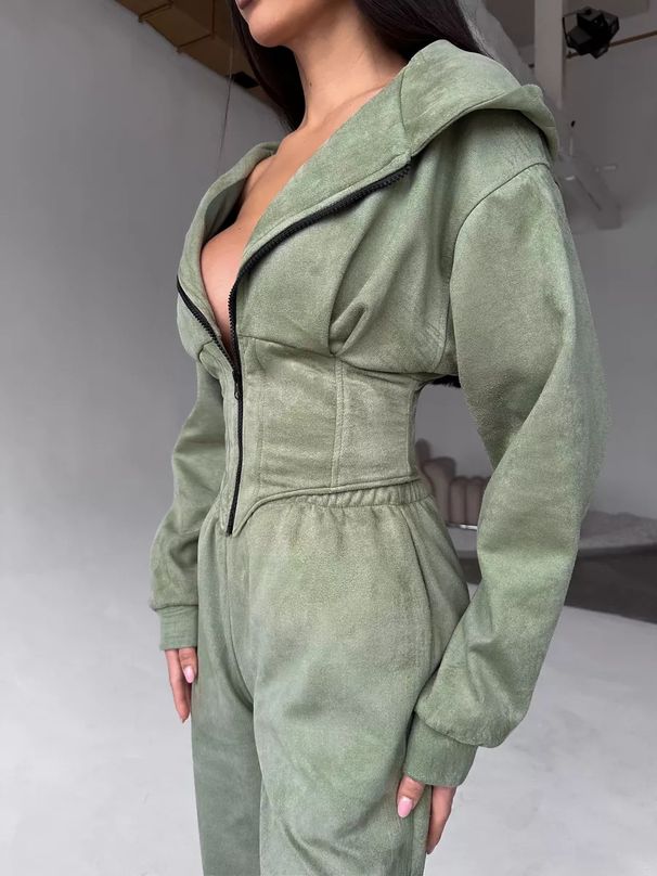 European American Style Autumn Winter Women's Solid Color Waist Cinch Hooded Sweatshirt And Sports Casual Long Pants_ecoleips.com