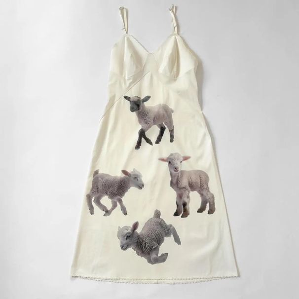 Women's Shaun the Sheep Print Slip Dress French Style Romantic Alluring Summer New_ecoleips.com
