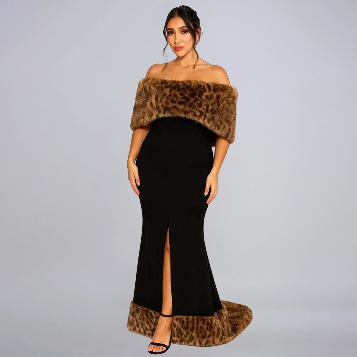 Women's Off-Shoulder Dress With Leopard Print Fur Collar Fishtail European And American Fashion_ecoleips.com