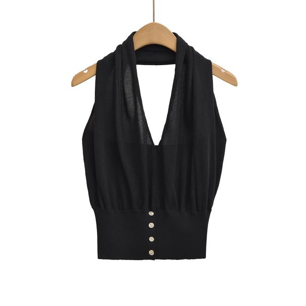 Aria Basics Aria Basics FS604-25 Summer New European And American INS Blogger Style Backless V-neck Buttoned Halter Knit Top Vest_ecoleips.com