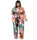 Plus Size Off-Shoulder Floral Print Jumpsuit With Belt, Wide Leg Knit Romper, Five-Sevenths Sleeve Comfortable One-Piece Outfit For Women_ecoleips.com