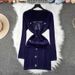 French Style Women's Deep V Neck Knit Dress Slim Fit Fashionable Bow Single Breasted Bodycon Skirt Export Clothing_ecoleips.com