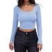 Women's Ribbed Slim Fit T-Shirt Square Neck Long Sleeve Short/Long Length Fashion Top For American Style_ecoleips.com
