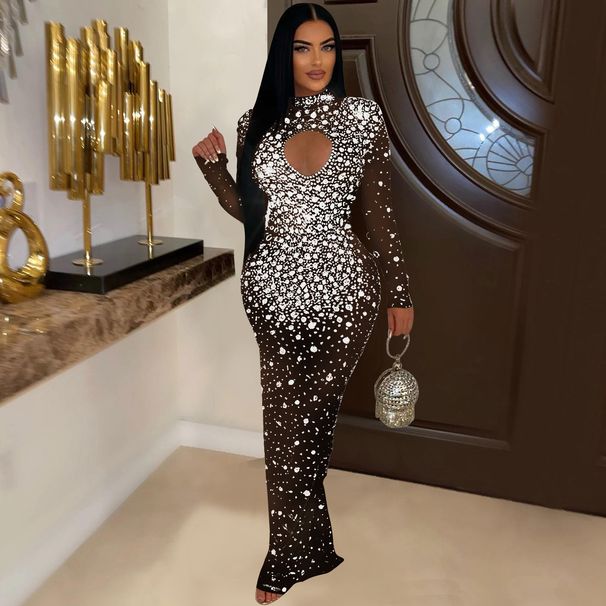 Women's Clothing Round Neck Rhinestone Bodycon Dress Hollow Out Fashion Long Evening Gown For Women American Style_ecoleips.com