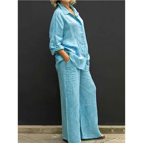 Women Autumn Linen Lapel Shirt Two Pieces Set Vintage Solid Long Sleeve Button Blouse And Loose Straight Pants Casual_ecoleips.com
