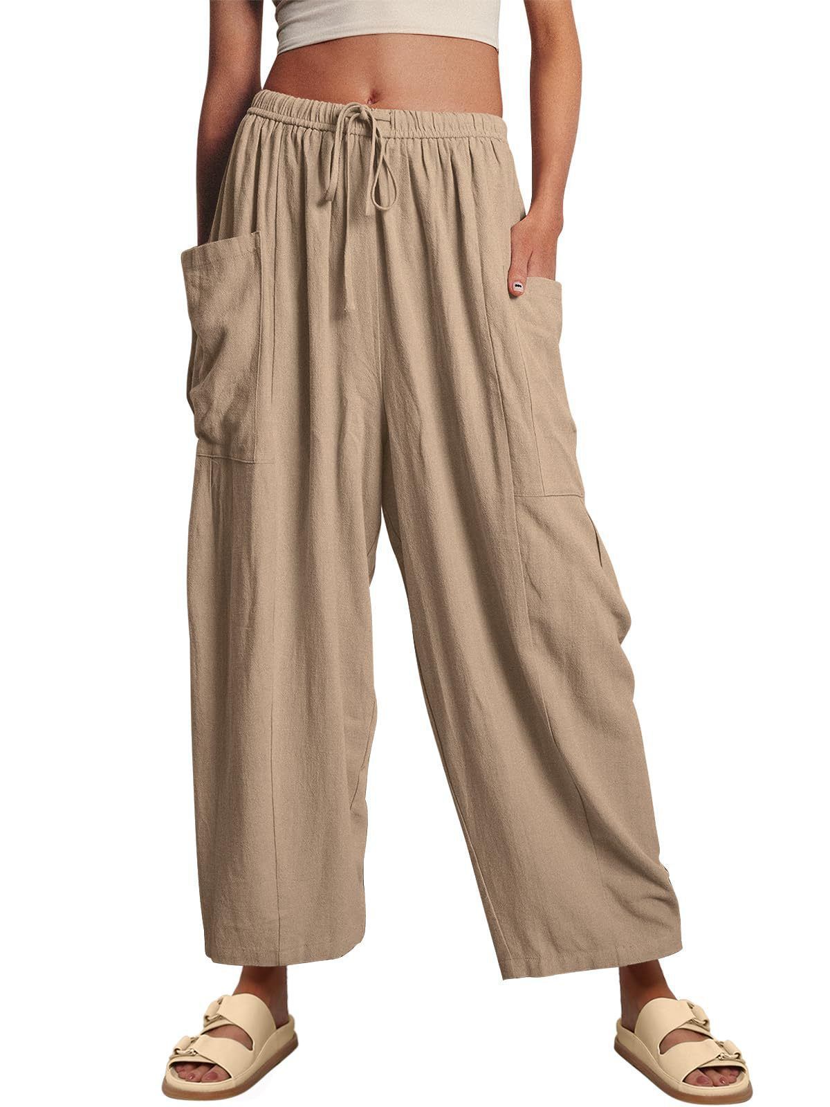 Women's Casual Cotton Linen Pants Pleated Mid Waist Straight Leg Elastic Waist Spring Summer American Style_ecoleips.com