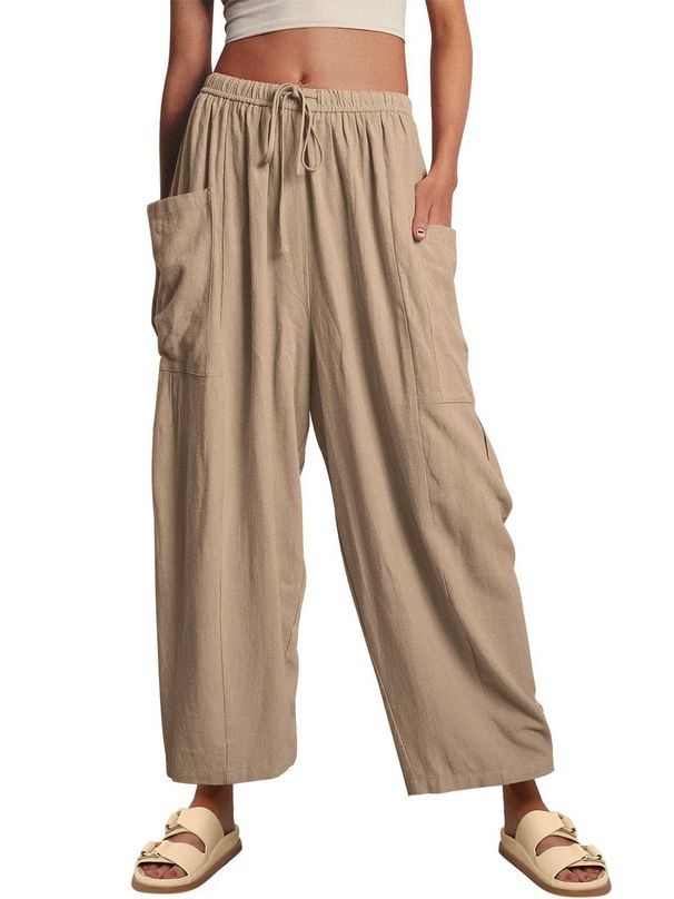 Women's Casual Cotton Linen Pants Pleated Mid Waist Straight Leg Elastic Waist Spring Summer American Style_ecoleips.com