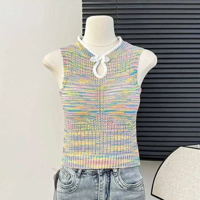New Chinese-style Buttoned Knit Colorful Stripes, Women's Summer Outerwear, Dopamine-style, With Chest Pads, Short And_ecoleips.com