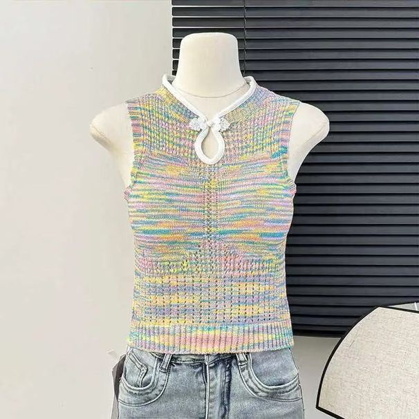 New Chinese-style Buttoned Knit Colorful Stripes, Women's Summer Outerwear, Dopamine-style, With Chest Pads, Short And_ecoleips.com
