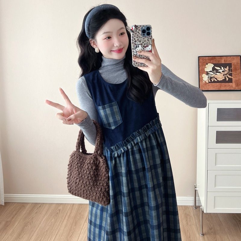 Autumn New Korean Fashion Woolen Vest + Base Shirt Two-Piece Set Maternity Dress_ecoleips.com
