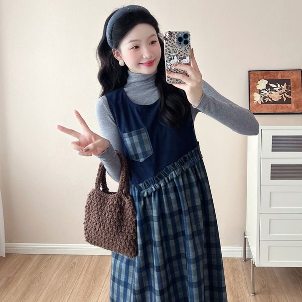 Autumn New Korean Fashion Woolen Vest + Base Shirt Two-Piece Set Maternity Dress_ecoleips.com