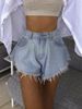 Women's Raw Hem Flared Denim Shorts With Elastic Waist - Vintage Washed Cotton High-Waisted Casual Summer Shorts_ecoleips.com
