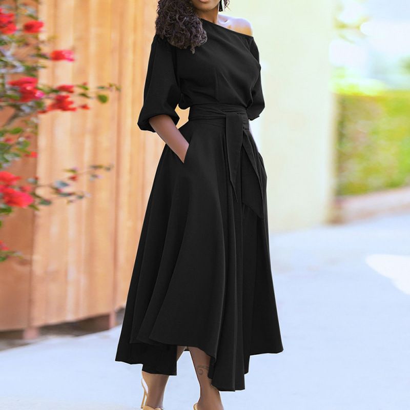 Women's Spring Size Large Dress With Slanted Collar, Tied Waistband, Pure Color, And Wide Skirt_ecoleips.com