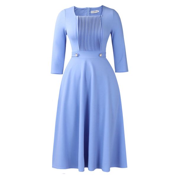 Women's Square Neck Pleated Dress D3353 High Waist African Style Plus Size Solid Color European And American Fashion Foreign Trade Clothing_ecoleips.com