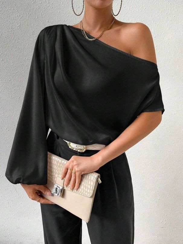 Women's Clothing Shoulder Long Sleeve T-Shirt Sexy Shoulder Loose Shoulder Temperament Women's Slant Collar Top_ecoleips.com