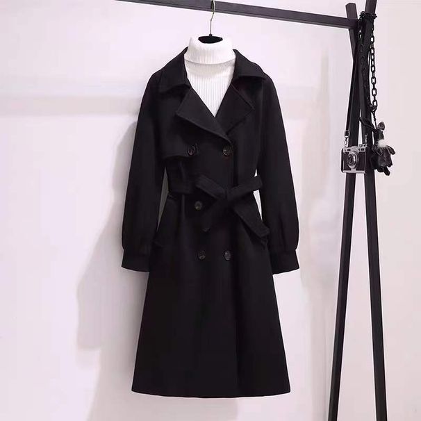 Women's Long Wool Blend Coat With Belt - Thickened Winter Trench Coat For Office & Casual Wear_ecoleips.com