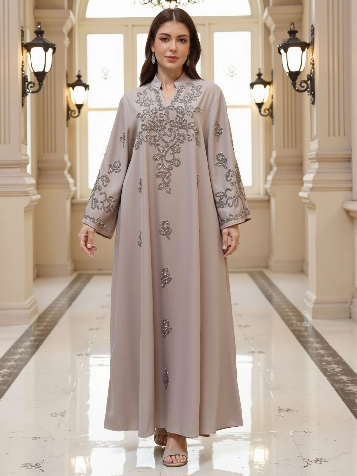 Handcrafted Embellished Abaya Dress – Modest Luxury Long Sleeve Maxi Dress For Women, Dubai & Middle Eastern Fashion_ecoleips.com