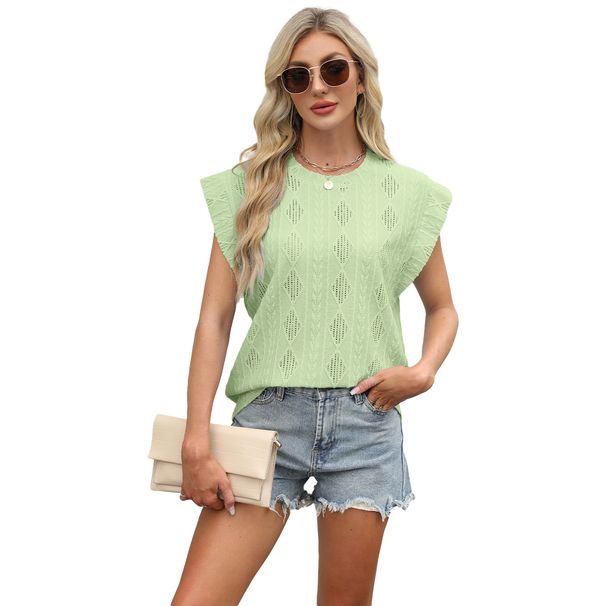 2025 Spring/Summer New Round Neck Loose Short Sleeve T-shirt Jacquard Top Vest For Women_ecoleips.com