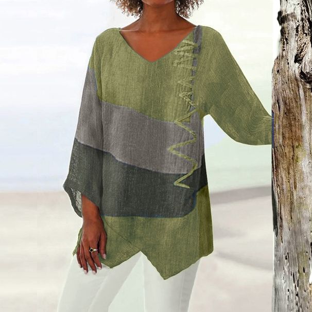 Women's Casual Loose V Neck Long Sleeve Top Autumn European American Style Art Print Irregular Hem Retro Top for Women_ecoleips.com