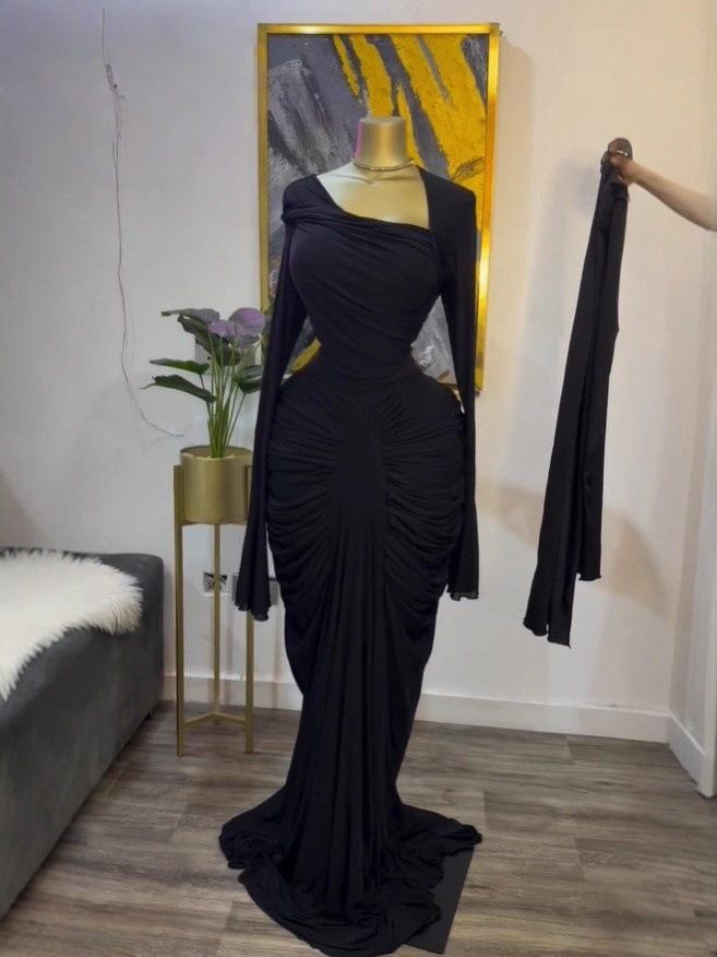 Women's Elegant Fashion Pleated Evening Dress Slanted Neck Long Style European And American Design Autumn New Arrival_ecoleips.com