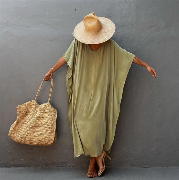 Women's Solid Color Rayon Beach Sun Protection Shirt European American Style Loose Fit plus Size Belted Vacation Dress Bikini Cover up_ecoleips.com