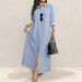 Women's Striped Lapel Long Shirt Dress Open Front Slit Autumn_ecoleips.com
