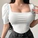 Women's Square Neck Puff Sleeve Shirt Summer Short Knitted Patchwork Top Pure Alluring Hot Style Clothing_ecoleips.com