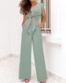 2024 European American Fashion Women's Summer 2-Piece Set: Cap Sleeve V-Neck Tie-Waist Short Top And Wide-Leg Pants_ecoleips.com
