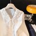 Women's Clothing Women's V Neck Tie Up Lace Embroidered Jacquard Shirt Long Sleeve Stylish Casual Top Early Spring Design_ecoleips.com
