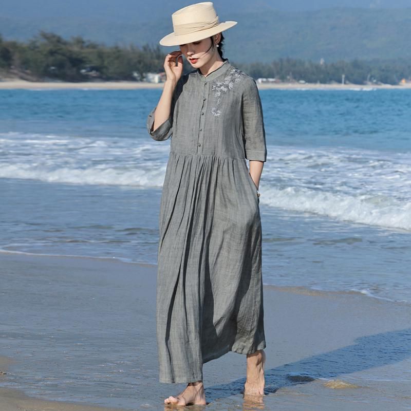 High Quality Linen Long Dress Women New 2026 Spring Vintage Floral Embroidery Solid Colir Ladies Elegant A-line Dresses M2386_ecoleips.com