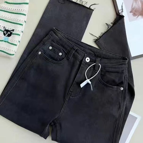 Whimsical Puppy Embroidered High-Waisted Jeans – Korean Streetwear Straight-Leg Denim Pants (S-5XL, Distressed Hem, Light Wash)_ecoleips.com