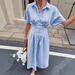 Women's Clothing Striped Shirt Dress Short Sleeved Midi Length Pleated Waist Slit_ecoleips.com